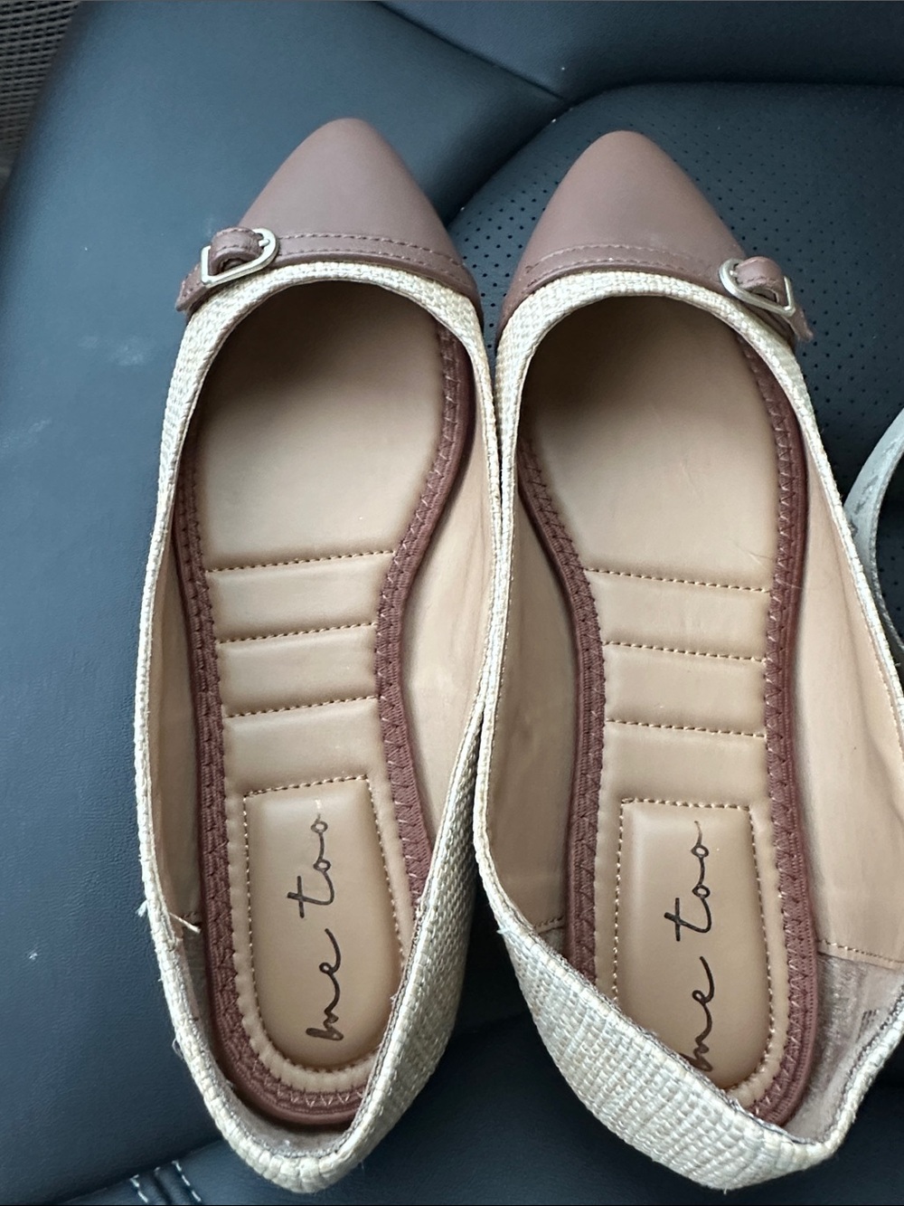 me too Tan Pointed-Toe Buckle Flats with Woven Trim